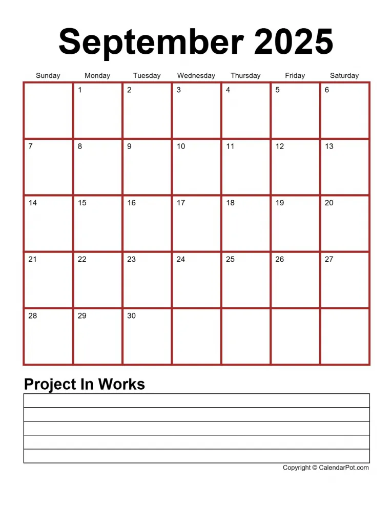 September 2025 Calendar Monthly Classic Dark Border Red With Notes Portrait Sunday Start Week Full Design17 765x990.webp