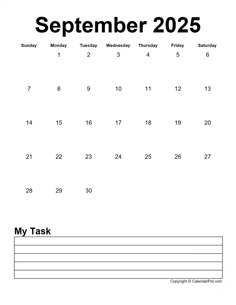 September 2025 Calendar Simple Month Week Noborder With Notes Portrait Sunday Start Week Full Design14 765x990.webp