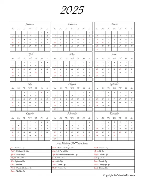 Year 2025 United States Holiday Calendar Classic Month Outer Border Portrait Sunday Start Week Full Design6