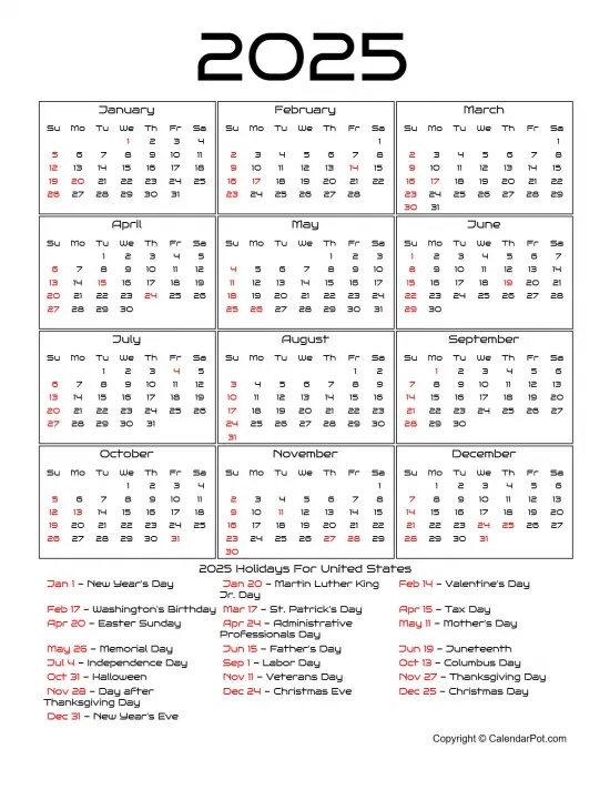 Year 2025 United States Holiday Calendar Classic Month Outlined Portrait Sunday Start Week Full Design4
