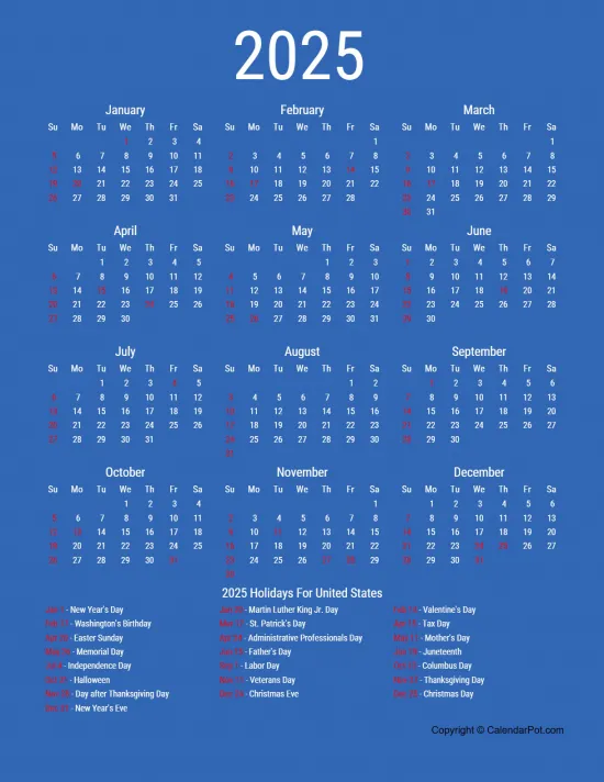 Year 2025 United States Holiday Calendar Classic Year Blue Color Template Portrait Sunday Start Week Full Design25