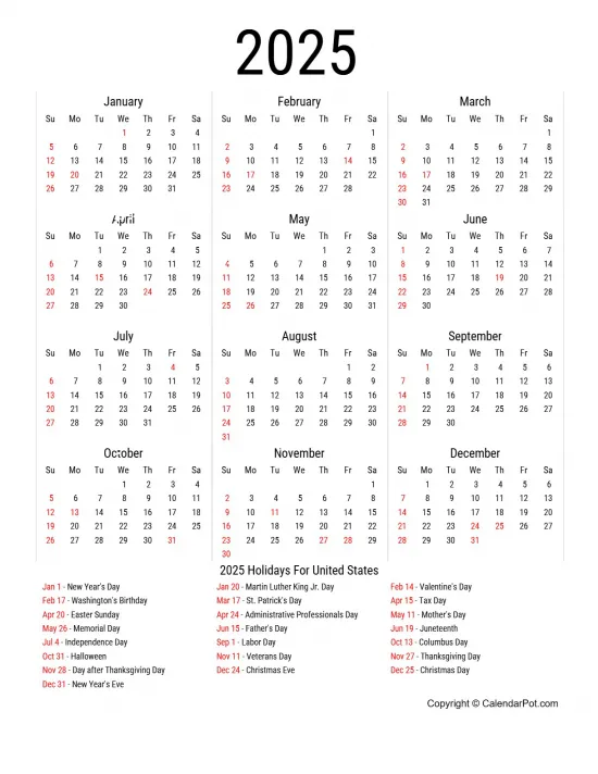 Year 2025 United States Holiday Calendar Classic Year Outer Table Border Template Portrait Sunday Start Week Full Design28