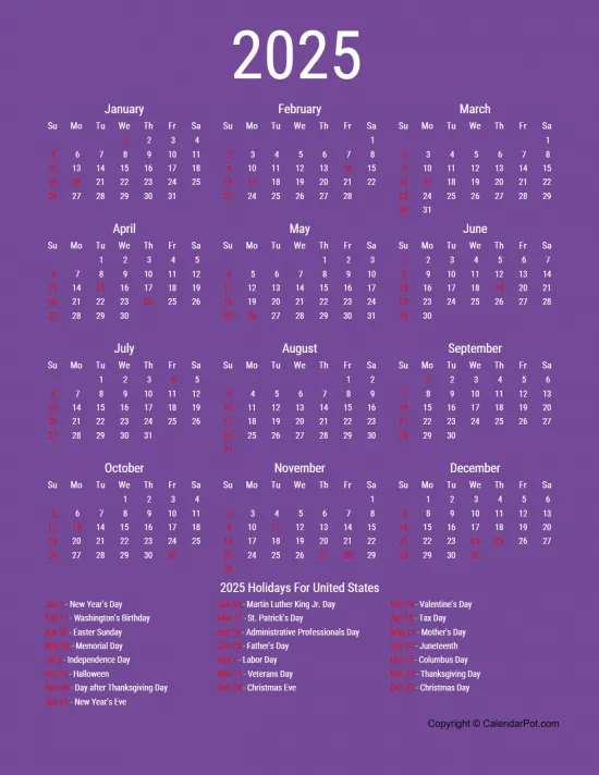 Year 2025 United States Holiday Calendar Classic Year Voilat Color Template Portrait Sunday Start Week Full Design26