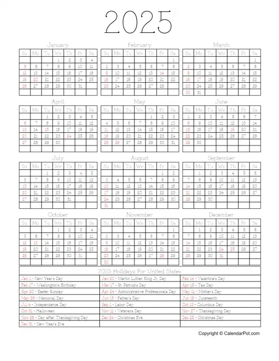 Year 2025 United States Holiday Calendar Simple Month Bordered Portrait Sunday Start Week Full Design2