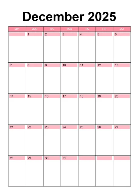 Calendar Classic Day Color Horizontaly Portrait Sunday Start