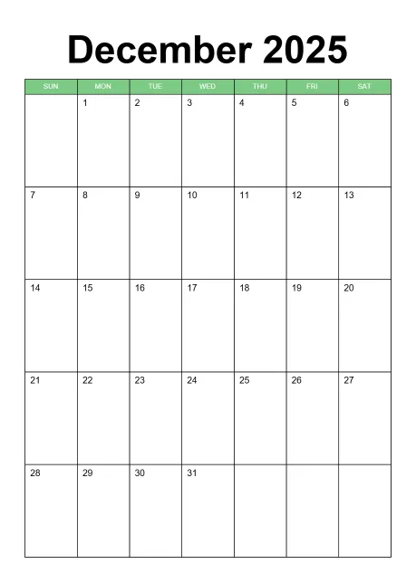 Calendar Classic Bordered Green Portrait Sunday Start