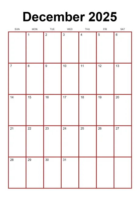 Calendar Monthly Classic Dark Border Red Portrait Sunday Start