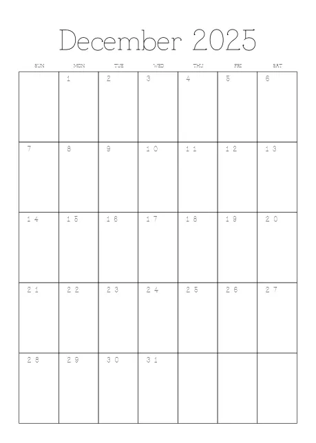 Calendar Month Outlined Portrait Sunday Start