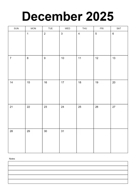 Calendar Classic Bordered Month With Notes Portrait Sunday Start