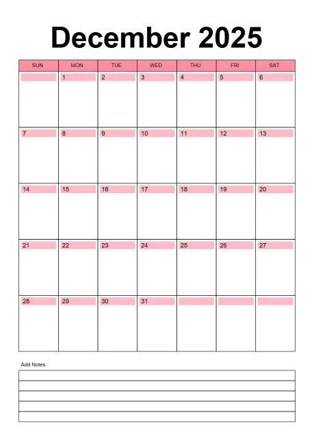 Calendar Classic Day Color Horizontaly With Notes Portrait Sunday Start