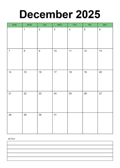 Calendar Classic Bordered Green With Notes Portrait Sunday Start