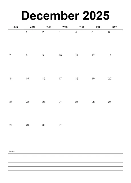 Calendar Monthly Classic No Border With Notes Portrait Sunday Start