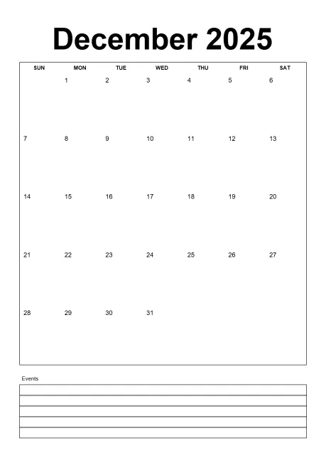 Calendar Simple Month Outer Border With Notes Portrait Sunday Start