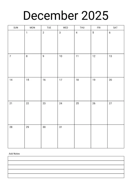 Calendar Simple Italic Style With Notes Portrait Sunday Start