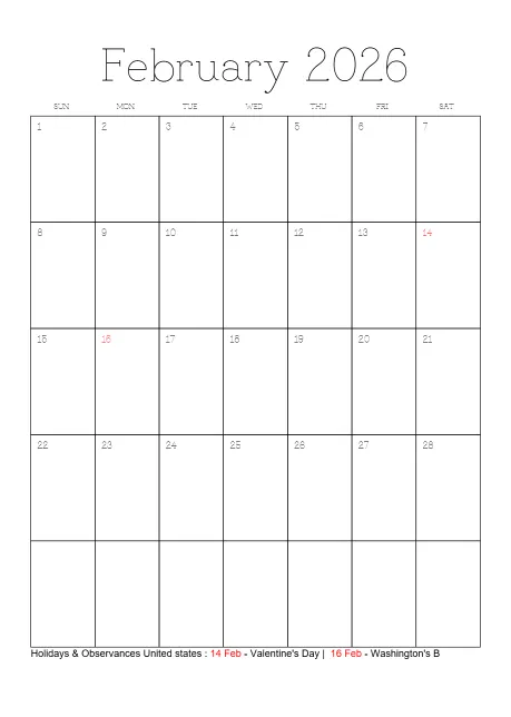 Holiday Calendar Month Outlined Portrait Sunday Start