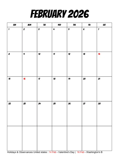 Holiday Calendar Simple Month Bordered Portrait Sunday Start