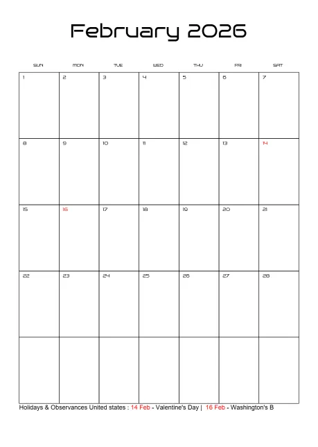 Holiday Calendar Classic Month Outlined Portrait Sunday Start