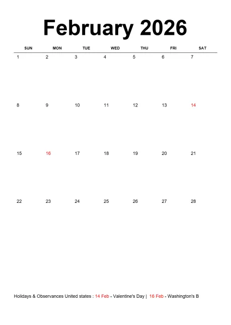 Holiday Calendar Monthly Classic No Border Portrait Sunday Start