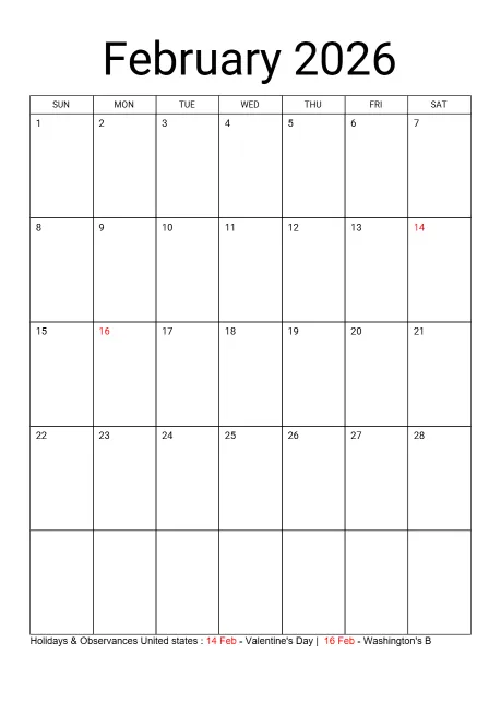 Holiday Calendar Simple Italic Style Portrait Sunday Start