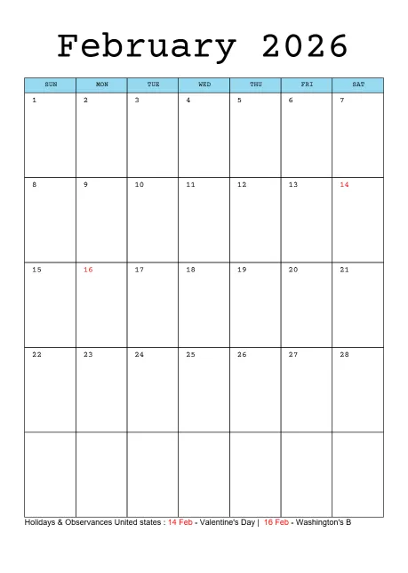 Holiday Calendar Monthly One Page Blue