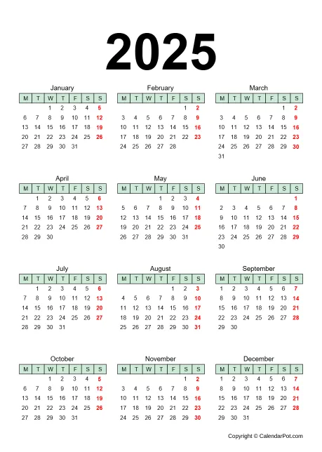 Calendar Yearly One Page Colorful Portrait Sunday Start