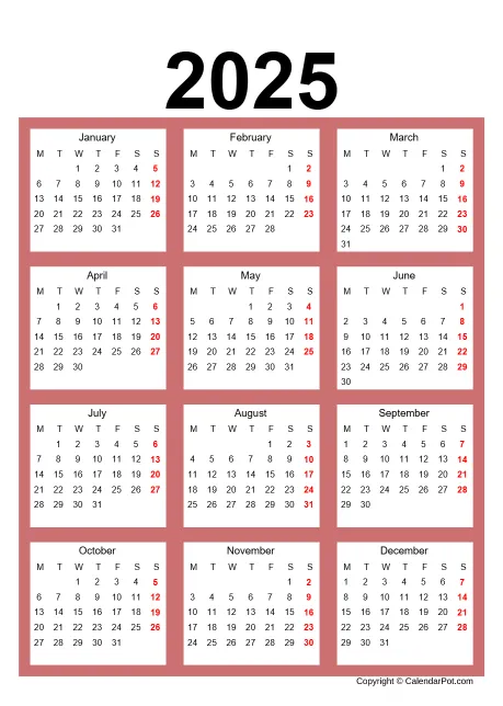 Calendar Classic Noborder Portrait Sunday Start