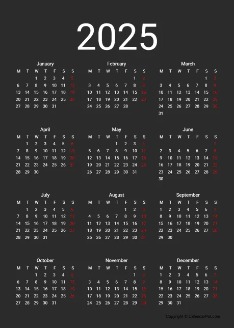 Calendar Classic Year Black Color Template Portrait Sunday Start