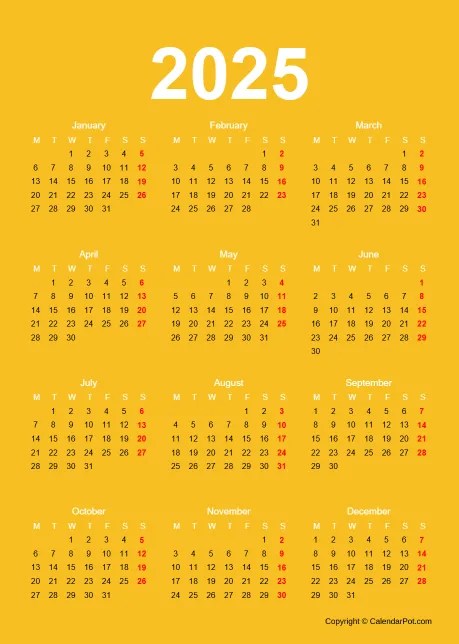 Calendar Classic Year Yellow Color Template Portrait Sunday Start