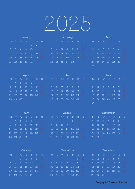 Calendar Classic Year Blue Color Template Portrait Sunday Start