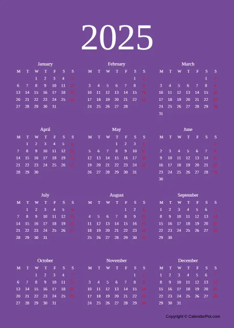 Calendar Classic Year Voilat Color Template Portrait Sunday Start