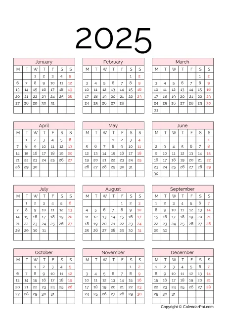 Calendar Simple Month Pink Color Template Portrait Sunday Start