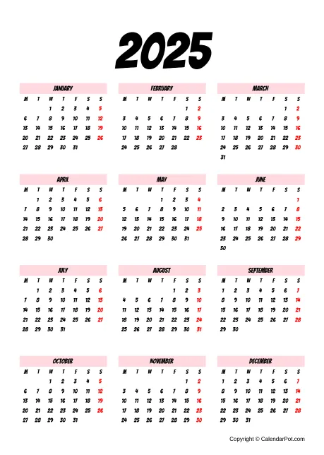 Calendar Classic Month Pink No Bordered Template Portrait Sunday Start