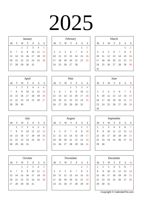 Calendar Yearly Printable Portrait Sunday Start