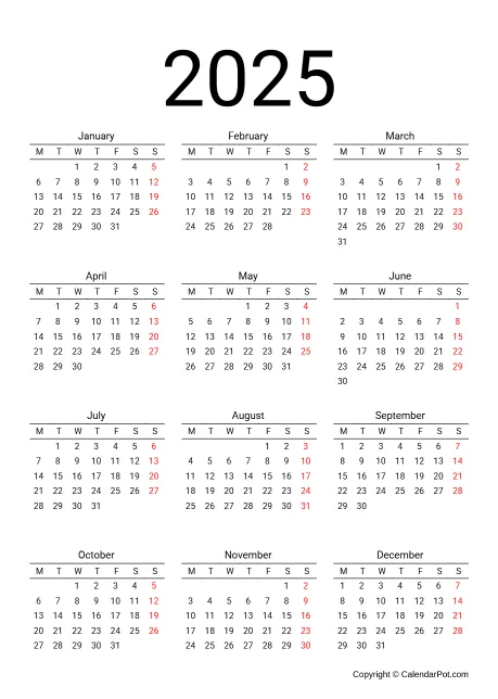 Calendar Yearly One Page Portrait Sunday Start