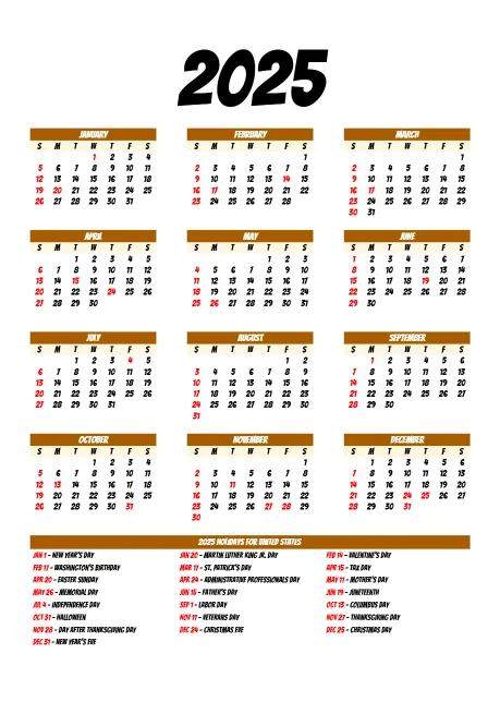 Holiday Calendar Simple Darktan Noborder Portrait Sunday Start