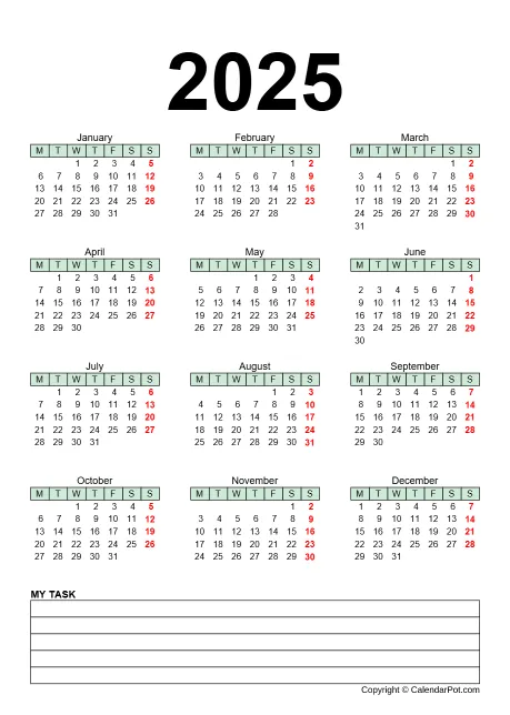 Calendar Yearly One Page Colorful With Note Portrait Sunday Start