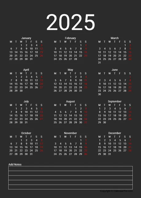 Calendar Classic Year Black Color Template With Note Portrait Sunday Start