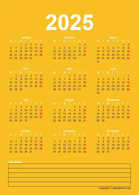 Calendar Classic Year Yellow Color Template With Note Portrait Sunday Start