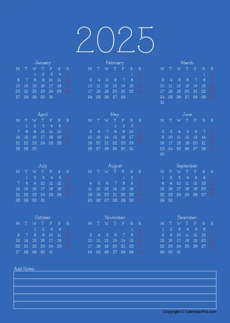 Calendar Classic Year Blue Color Template With Note Portrait Sunday Start