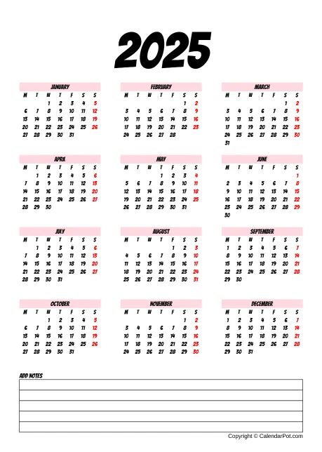 Calendar Classic Month Pink No Bordered Template With Note Portrait Sunday Start