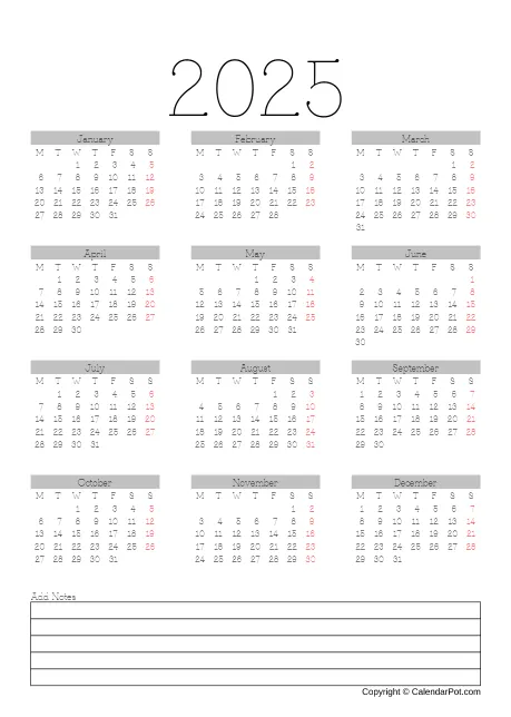 Calendar Simple With Note Portrait Sunday Start