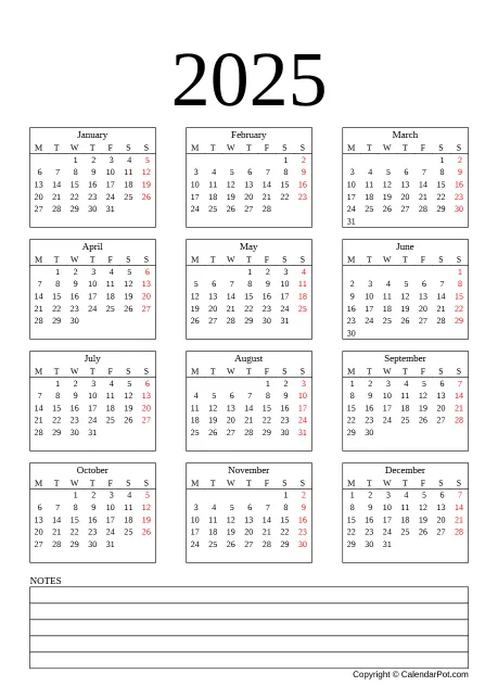 Calendar Yearly Printable With Note Portrait Sunday Start