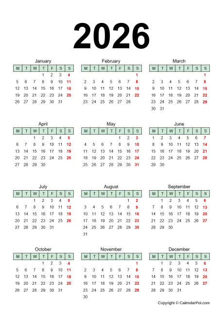 Calendar Yearly One Page Colorful Portrait Sunday Start