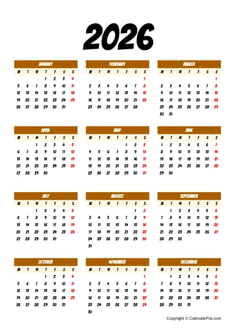 Calendar Simple Darktan Noborder Portrait Sunday Start