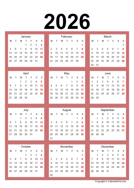 Calendar Classic Noborder Portrait Sunday Start