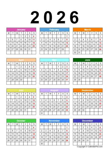 Calendar Classic Month Border With Multicolor Portrait Sunday Start