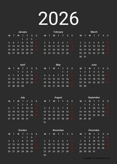 Calendar Classic Year Black Color Template Portrait Sunday Start