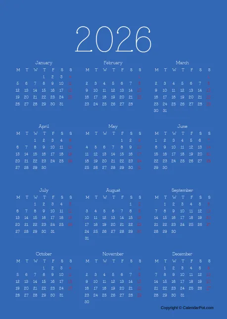 Calendar Classic Year Blue Color Template Portrait Sunday Start