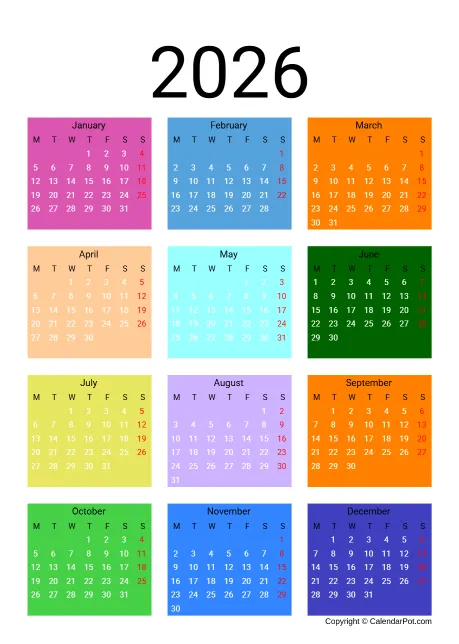 Calendar Classic Year Bgcolor Month Template Portrait Sunday Start