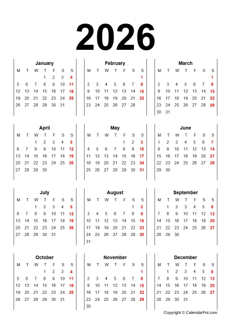 Calendar Classic Year Outer Table Border Template Portrait Sunday Start